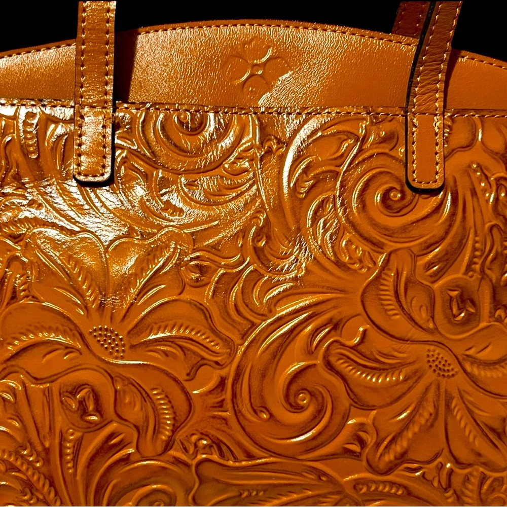 Patricia Nash Prescott Tote Shoulder Bag in hand tooled in Cognac Brown. - Picture 3 of 16